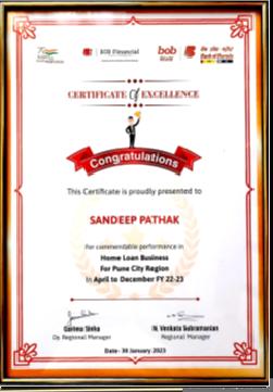 Certificate of Excellence - Home Loan Performance April-December FY 2022-23