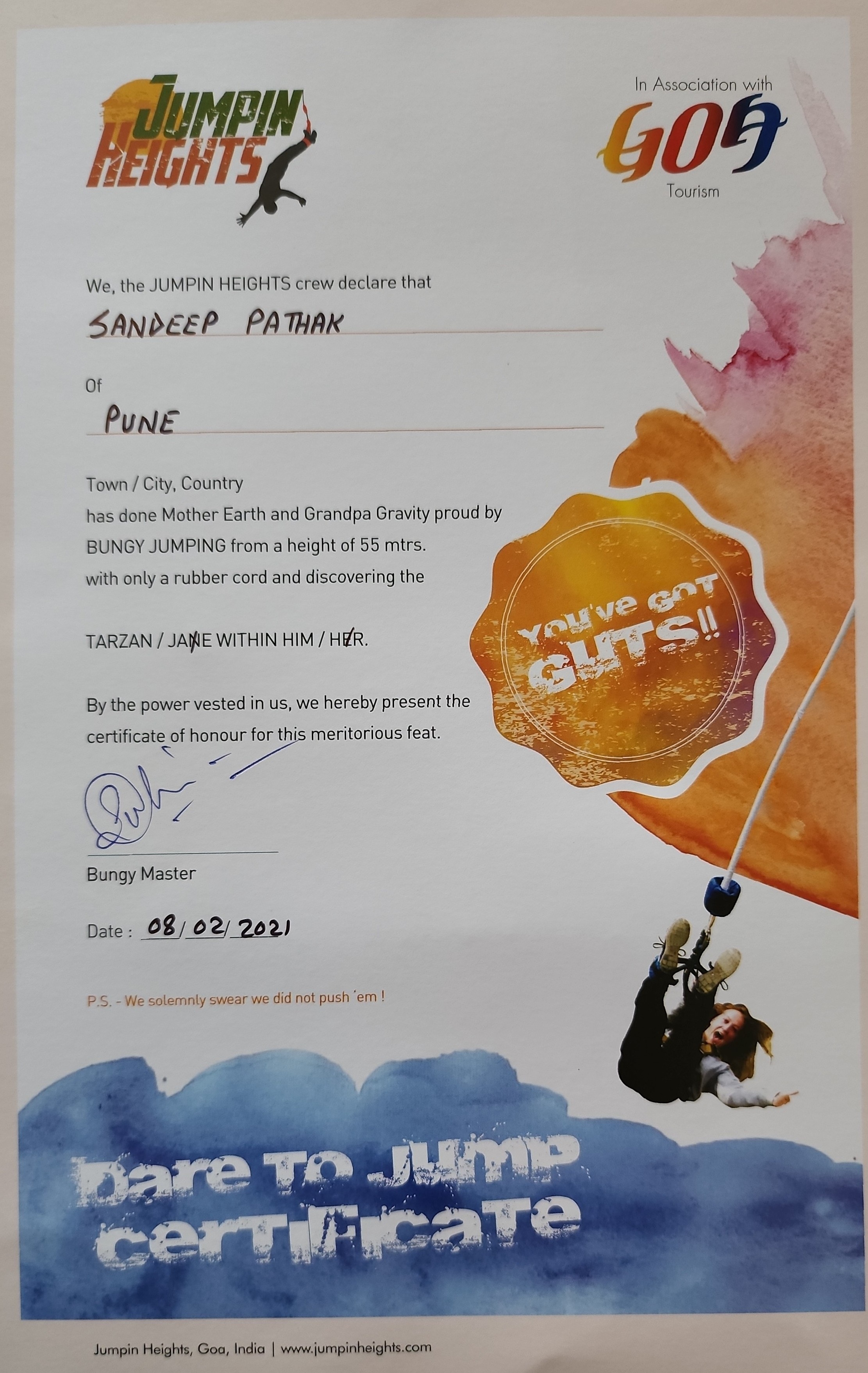 Bungee Jumping Achievement - Jumpin Heights Goa 2021